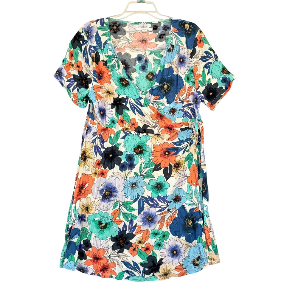 O'Neill Womens Floral Short Sleeve Faux Wrap Mini Dress Blue Orange XL